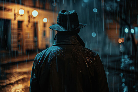 Generative AI image of mysterious man in trench coat and fedora standing under the rain at night