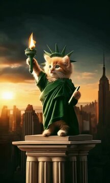 An anthropomorphized cat dressed as the Statue of Liberty against a city skyline at sunset, a whimsical take on iconic New York City imagery, fitting for creative content, travel promotion, or humorou