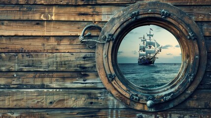 a ship's porthole, revealing an old sailing boat with people on board against a backdrop of dark brown wooden boards, evoking a sense of maritime adventure and tradition.