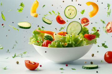 Fresh Vegetable Salad with Egg in White Bowl