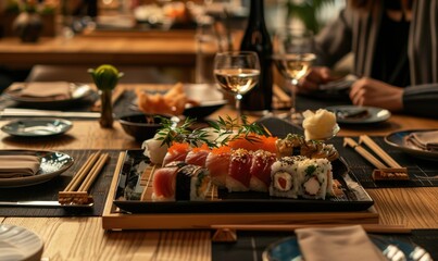 Assorted sushi set on wooden table in restaurant - A delicious sushi platter with diverse types of sushi served in an elegant dining setup, emphasizing the Japanese cuisine's visual appeal