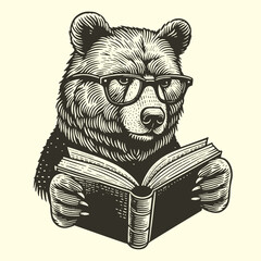 bear reading a book vintage illustration