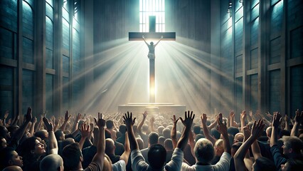 Christian Worshipers Raising Hands in Front of the Cross - Spiritual Worship