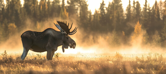 Moose: A majestic moose captured with a telephoto lens to focus on its massive antlers, set against...