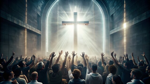 Christian Worshipers United in Prayer - Hands Raised to the Cross