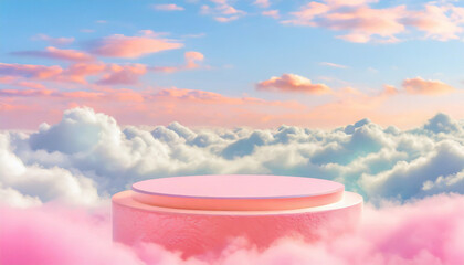 Pink Background dais podium. 3D product sky platform on the clouds. Pastel scene render stand. Pink podium stage. Minimal abstract background. - obrazy, fototapety, plakaty