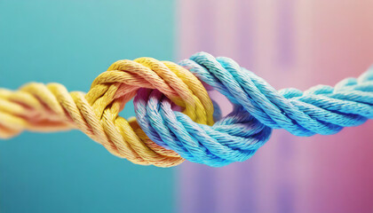 Team rope diverse strength connect and partnership. Teamwork unity communicate support concept. Blurred background. - obrazy, fototapety, plakaty