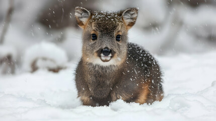 Naklejka premium Musk Deer: A musk deer in a snowy setting, captured with a soft-focus background to emphasize its delicate features and winter fur, set against a winter landscape with copy space