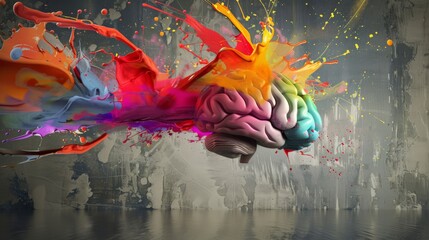 Conceptual visualization of creativity as colorful paint exploding from a dull gray brain