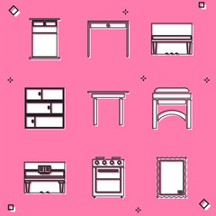 Set Big bed, Wooden table, Grand piano, Shelf, Chair, and Oven icon. Vector