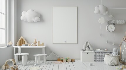 a white frame background, giraffe wooden toys on a table, arranged in the style of a Scandinavian child's room adorned with cloud decorations and a mockup poster frame. - obrazy, fototapety, plakaty