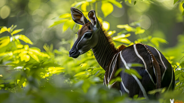 Okapi: An okapi walking through dense foliage, shot using natural lighting to highlight its unique stripes and long neck, set against a green forest background with copy space - Powered by Adobe