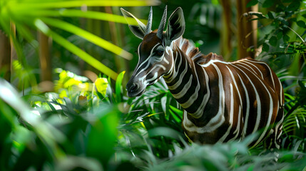 Okapi: An okapi walking through dense foliage, shot using natural lighting to highlight its unique stripes and long neck, set against a green forest background with copy space