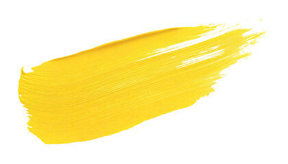 Yellow color paint stroke brush texture on white isolated cut out transparent background.