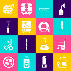 Set Blood pressure, Wheelchair for disabled person, Medical thermometer, Safety goggle glasses, Monitor with cardiogram, Tooth drill, Surgery lamp and Tomography icon. Vector