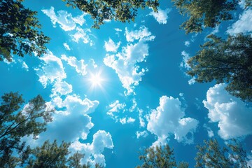 Sun rays piercing through the vibrant blue sky - A serene view of the sky with sunlight streaming through fluffy white clouds, showcasing nature's beauty and warmth