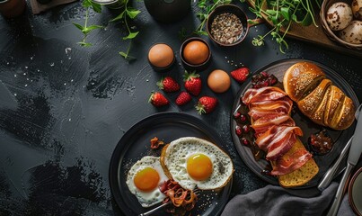 Gourmet breakfast with eggs and strawberries - A sophisticated breakfast layout with sunny-side up eggs, cured meats, and fresh strawberries on a dark backdrop - obrazy, fototapety, plakaty