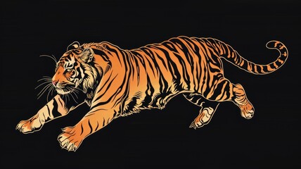 Majestic orange tiger in dynamic leap - A striking illustration of an orange tiger captured mid-leap against a pitch-black background, showcasing muscular prowess and feline grace