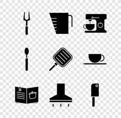 Set Barbecue fork, Measuring cup, Electric mixer, Cookbook, Kitchen extractor fan, Meat chopper, Spoon and Frying pan icon. Vector