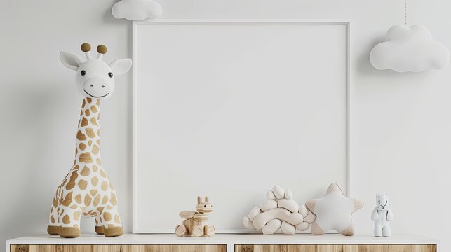 a white frame background, giraffe wooden toys on a table, arranged in the style of a Scandinavian child's room adorned with cloud decorations and a mockup poster frame.