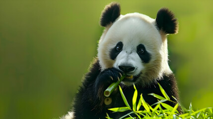 Panda: A peaceful panda shown munching bamboo, captured using natural light photography to...
