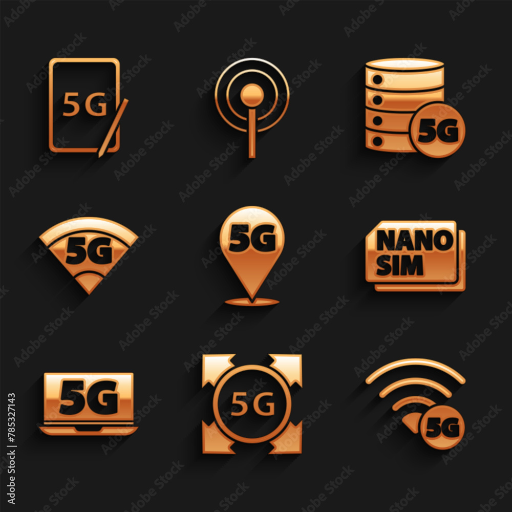 Sticker Set Location 5G network, Nano Sim Card, Laptop with, Server and Graphic tablet icon. Vector