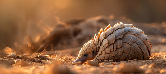 Fototapeta premium Pangolin: A pangolin curling into a ball, shot with a macro lens to capture the detailed texture of its scales, set against a natural earth background with copy space