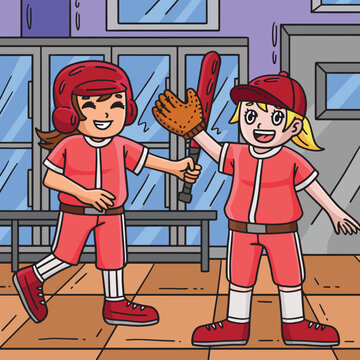 Baseball Girl Teammate Colored Cartoon 