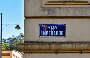 Street sign in historic city center of Petropolis, Rio de Janeiro, Brazil