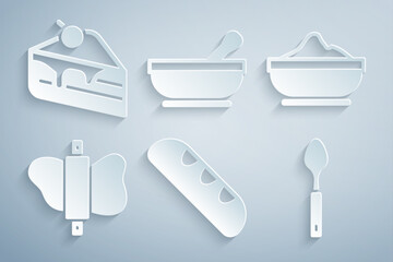 Set French baguette bread, Flour bowl, Rolling pin on dough, Spoon, Mortar and pestle and Piece of cake icon. Vector