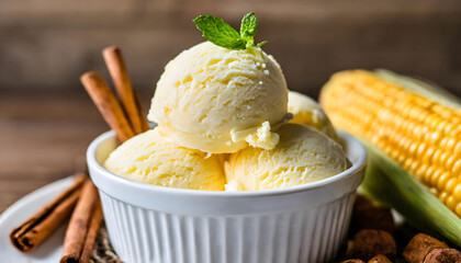 ice cream in a white bowl with cinnamon sticks 