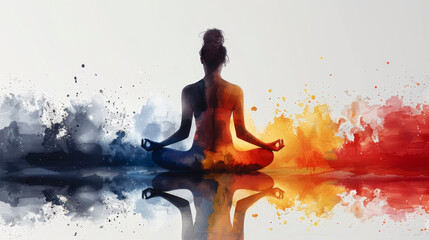 Obraz premium Lotus pose yoga with mudra hand, watercolor painting, abstract aura power.