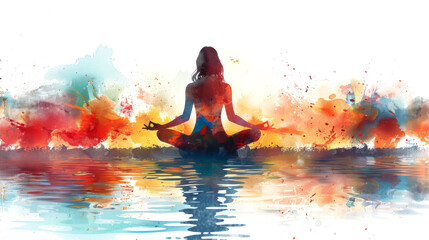 Lotus pose yoga with mudra hand, watercolor painting, abstract aura power. - obrazy, fototapety, plakaty