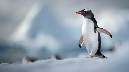 Fototapeta premium Penguin: A penguin captured in crisp detail with high-definition clarity, set against a plain icy background with copy space