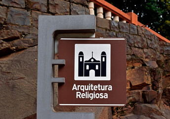 Metallic sign plate indicating the Religious Architecture in Ribeirao Preto, Sao Paulo, Brazil