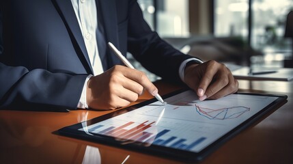 Consultant discussing asset management, tax law, and business protection with bookkeepers and accounting lawyer using tablet pc: stock market analysis, balance sheet, anti-bribery measures

