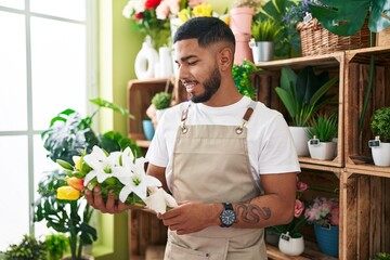 Young latin man florist holding bouquet of flowers at flower shop