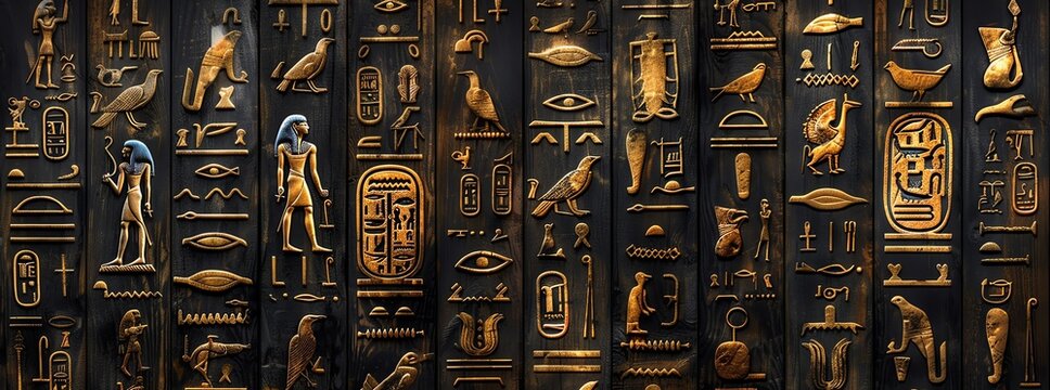 A wall of ancient Egyptian hieroglyphs, carved in gold and black on dark wood The symbols represent the hieroglyphics from an old Egyptian tomb, with detailed designs and rich colors Its a mysterious