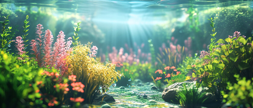 imaginative underwater world with your 3D render, showcasing vibrant water plants in a serene, minimalist setting in shallow water