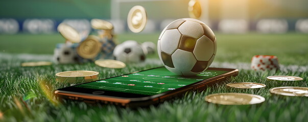 Mobile phone Soccer betting. Soccer field on smartphon. bet and win concept.Watch a live sports event on your mobile device. Betting on football matches