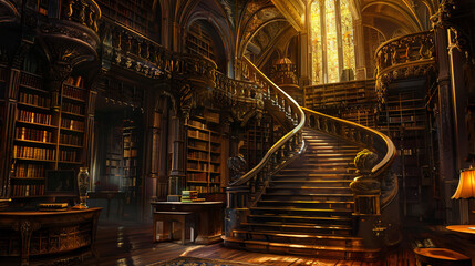 Dark fantasy library stairs in gloomy cathedral design