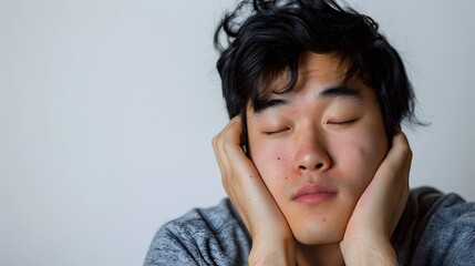 An Asian man looking tired with droopy eyes, resting his head on his hand. - obrazy, fototapety, plakaty