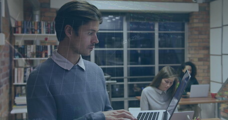 Image of financial data processing over business people working in office