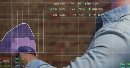 Image of financial data processing over caucasian man using smartwatch
