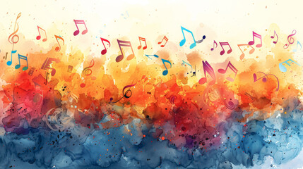 Abstract watercolor musical background with colorful notes.