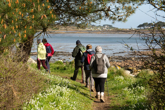 Groupe de randonneurs seniors le long du Jaudy en Bretagne - France