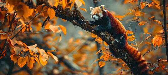 Red Panda: A red panda in a tree, shot with a shallow depth of field to isolate it from the autumn...