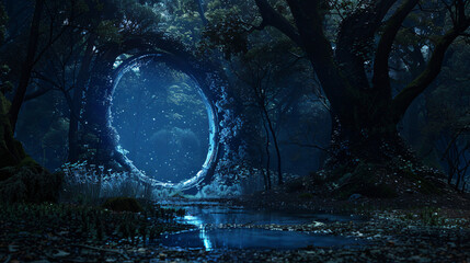 Dark mysterious forest with a magical magic mirror  - obrazy, fototapety, plakaty