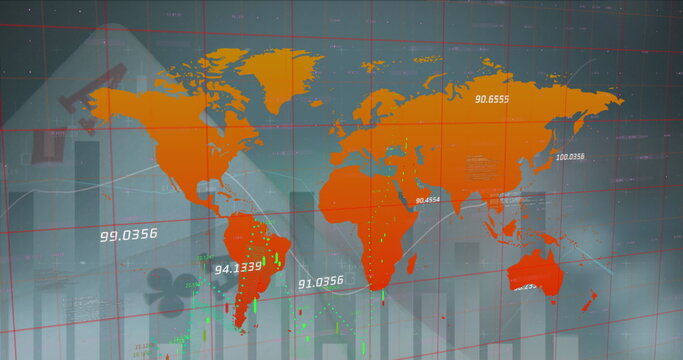 Image of statistical data processing over world map against poker chips ad playing cards - Powered by Adobe