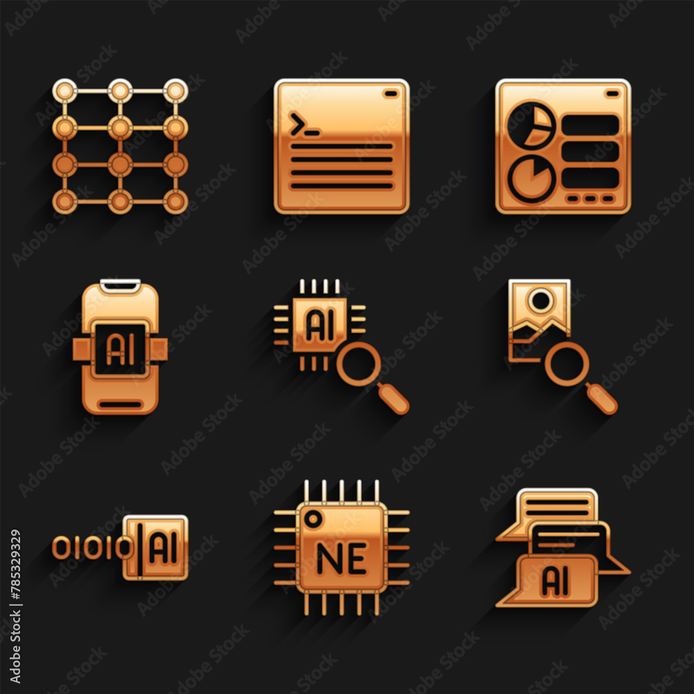 Poster Set Processor CPU, Chat bot, Photo retouching, Binary code, Artificial intelligence AI, Computer api interface and Neural network icon. Vector